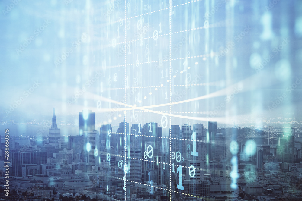 Poster data theme hologram drawing on city view with skyscrapers background double exposure. technology con
