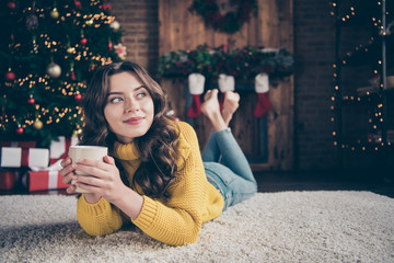 Photo of charming beautiful girlfriend staring away thinking about celebrating new year while...