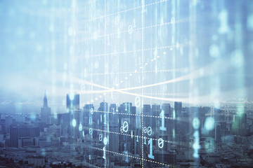 Data theme hologram drawing on city view with skyscrapers background double exposure. Technology...