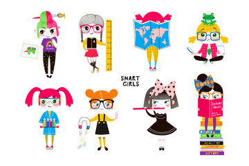 Smart girls flat vector illustrations set. Clever schoolgirls in glasses at maths, chemistry lessons isolated cartoon characters on white background. Female teens at art, music class design element