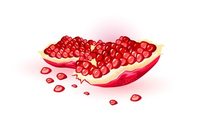 Split fresh pomegranate with red ripe gem-like seeds. Puniceous sweet fruit using for juice, smoothie, wine, meal garnishes, cocktails, alcoholic beverages. Vector cartoon illustration on white.