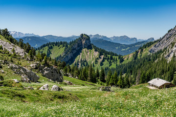 Fototapeta na wymiar Panorama view on Musflue peak and Alps from Pilatus mountain