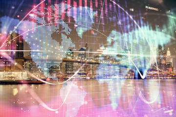 Fototapeta premium Double exposure of business theme hologram drawing and city veiw background. Concept of success.