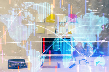 Double exposure of business theme icons and work space with computer background. Concept of success.