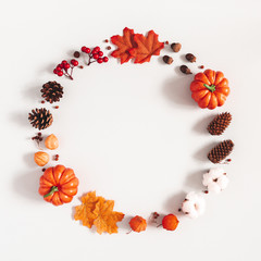 Autumn composition. Wreath made of pumpkins, flowers, leaves on gray background. Autumn, fall, halloween, thanksgiving day concept. Flat lay, top view, copy space, square