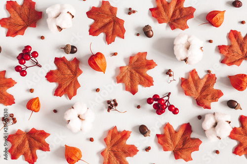Autumn composition. Pattern made of flowers, maple leaves on gray background. Autumn, fall, thanksgiving day concept. Flat lay, top view