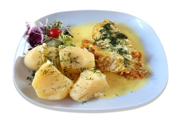 Fototapeta na wymiar Fried fish - rose fish, salad and potatoes on plate
