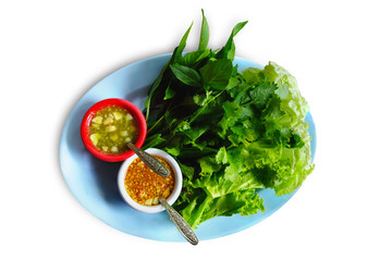 Mic vegetable with Sour sauce, sour spicy and minced garlic isolated on white background. This has clipping path.          