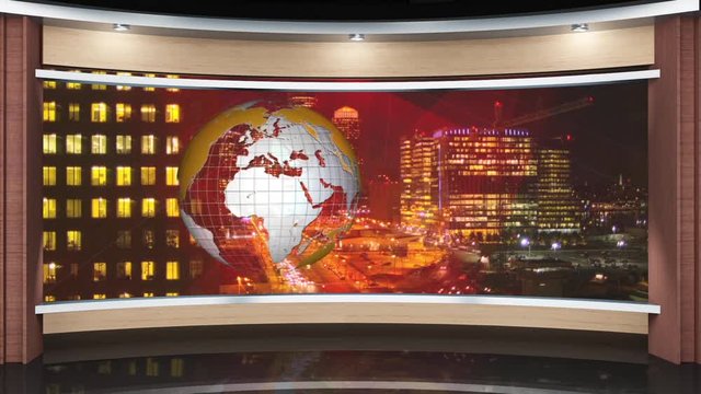 25HD News TV Virtual Studio Green Screen Background wood yellow globe Night City