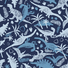 Vector blue dinosaur sketch repeat pattern with chaotic arrangement. Perfect for textile, giftwrap and wallpaper.