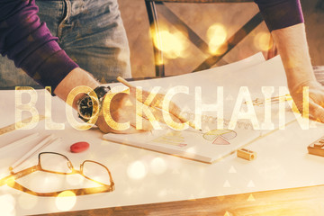 Businessman with hands background. Crypto currency concept.