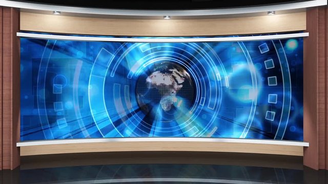 26HD News TV Virtual Studio Green Screen Background Wood Blue Globe
