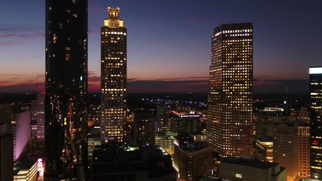 Early morning flight in downtown Atlanta