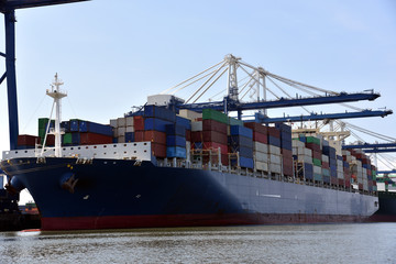 Obraz premium Cargo container ship during cargo operations in the port of Charleston, South Carolina. 
