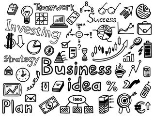 Business idea strategy, investing, hand drawn icon set. Finance symbols and words sketches