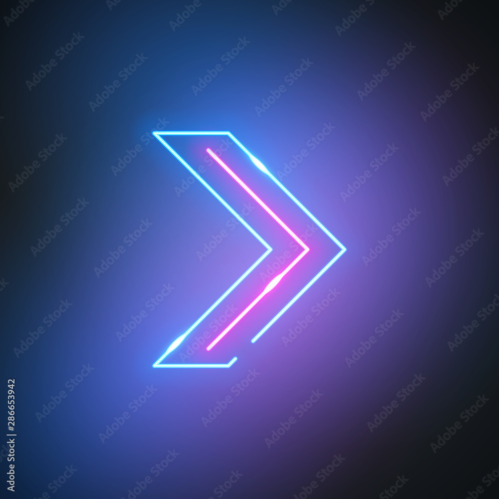 Poster Neon arrow. Glowing pointer sign on black background. Colorful and bright retro light symbol. Vector design element.