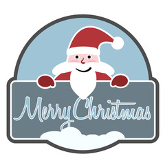 Merry Christmas badge or sticker with Santa Claus holding sign vector illustration