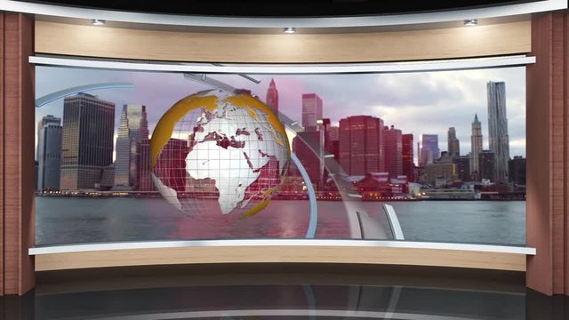 28HD News TV Virtual Studio Green Screen Background Wood Yellow Globe with Rings
