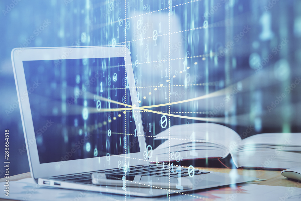 Aufkleber Double exposure of table with computer on background and data theme hologram. Data technology concept.
