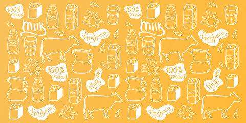 Milk background. Hand draw milk icon set. 