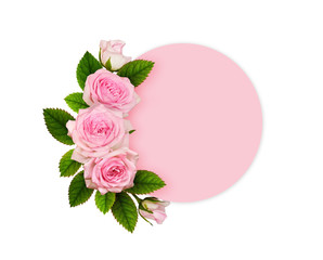 Fototapeta na wymiar Rose flowers with green leaves in a floral arrangement on pink round card