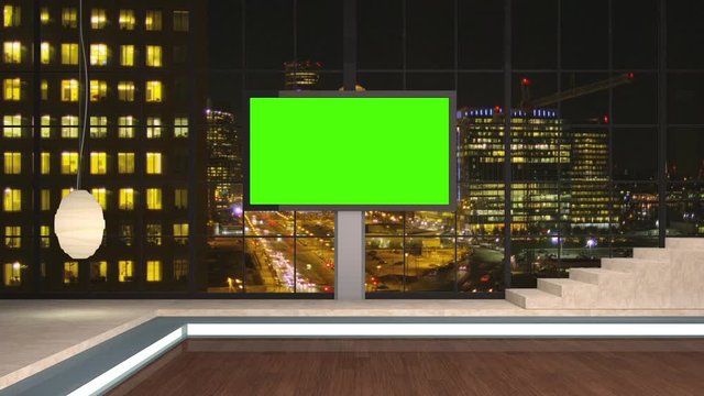 29HD News TV Virtual Studio Green Screen Background Night City Monitor
