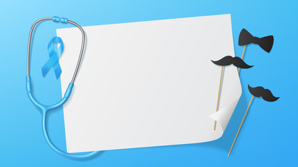 Prostate cancer awareness month background concept. Vector illustration with satin ribbon, realistic stethoscope, paper leaf and paper moustaches on blue background. Men healthcare concept.