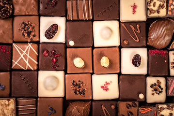 Assortment of fine chocolate candies, white, dark and milk chocolate