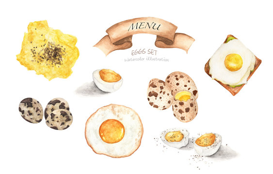 Watercolor illustration of tasty morning breakfast set made of eggs isolated on white background.