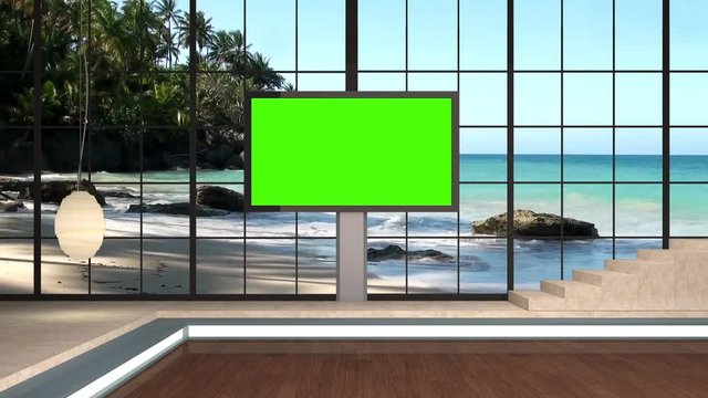30HD News TV Virtual Studio Green Screen Background Beach Monitor
