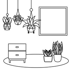 Plants inside pots and furniture vector design