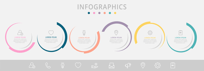 Fototapeta premium Vector infographic flat template circles for six paper label, diagram, graph, presentation. Business concept with 6 options. Blank space for content, step for step, timeline, workflow, marketing