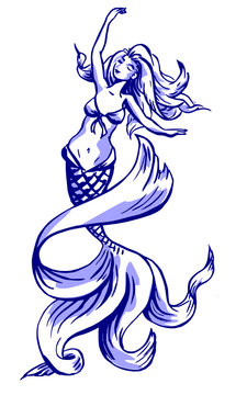 Mermaid dansing in the sea - illustration in two colors