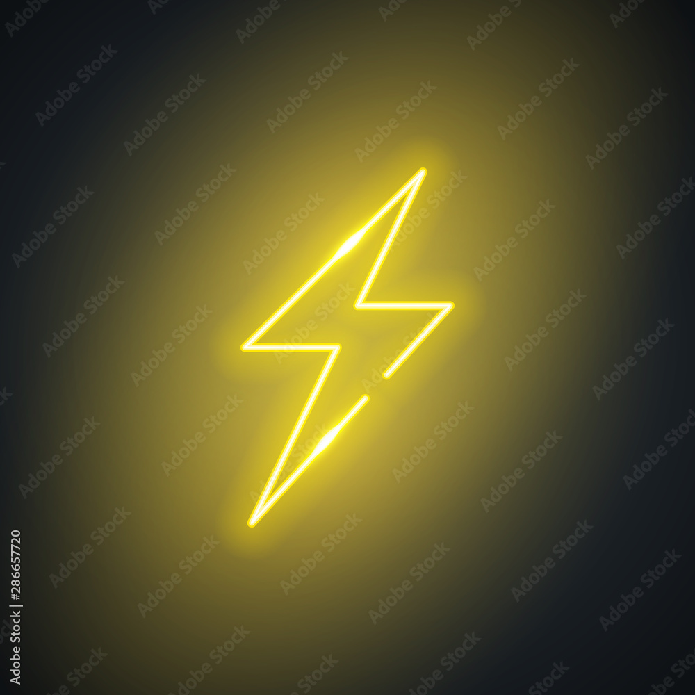 Poster Neon lightning. Glowing flash sign on black background. Colorful and bright retro lightning bolt symbol. Vector design element.