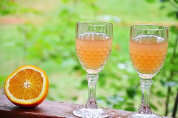 Glass of aperol spritz cocktail on a background of green foliage, selective focus