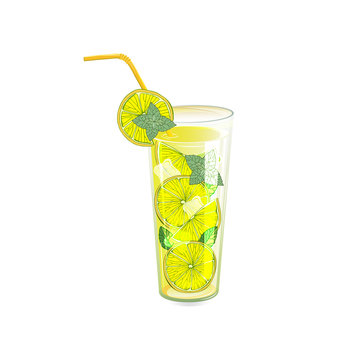 Refreshing summer cocktails. Lemonade. Drink with ice. Image for summer design. Illustration on white background.
