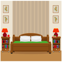 Cozy bedroom with a large double bed, bedside tables and night lights. Vector illustration on the theme of interior design.