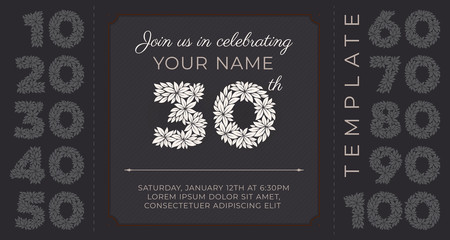 Vector template 30th years anniversary, invitation card with. Grey background. With preset text 10, 20, 30, 40, 50, 60, 70, 80, 90 , 100.