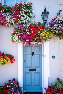 Door of house with flowers and blue door