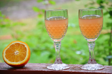 Glass of aperol spritz cocktail on a background of green foliage, selective focus