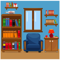 Vector illustration of a living room with an armchair, a bookcase, a bedside table and a window.