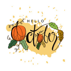 Hello October hand drawn lettering card with  pumpkin.  © Handini_Atmodiwiryo