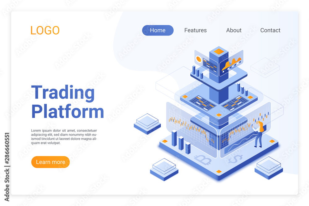 Poster trading platform isometric landing page template. online financial market analytics. digital stock e