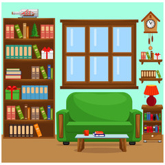 Vector illustration with sofa, bookcase, window and lamp. The interior of the living room.