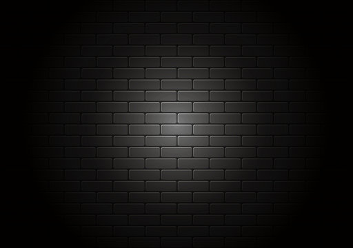 Black Brick Wall Illuminated By Spotlight. Realistic Decorative Background.