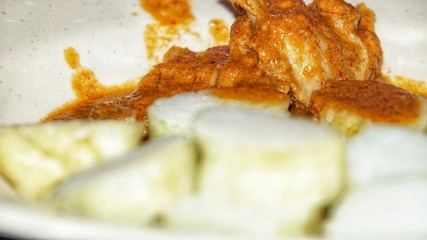 Chicken Rendang. Traditional Indonesian dish served during Eid al Fitr or Idul Fitri. Served with compressed rice cake or lontong. Selected focus. Close up.