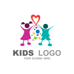 logo template charity health sign, two children silhouettes, boy and girl, minimal simple design, kids care, people help foundation logotype , many hearts, friendship symbol