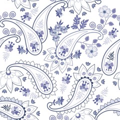 Gentle seamless pattern with blue paisley, leaves and flowers on white background. Ethnic style. Indian, turkish, arabic motifs.