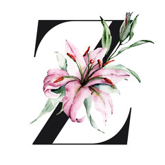 Floral alphabet, letter Z with watercolor flowers lilies and leaves. Monogram initials perfectly for wedding invitation, birthday, greeting card, logo and other. Holiday design hand painting. 