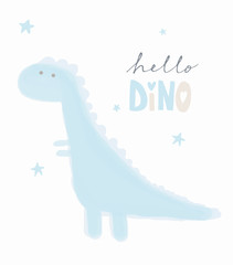 Hello Dino. Sweet Nursery Vector Art with Cute Hand Drawn Blue Dinosaur and Stars. Childish Style Illustration Ideal for Card, Wall Art, Invitation, Poster, Baby Room Decor.